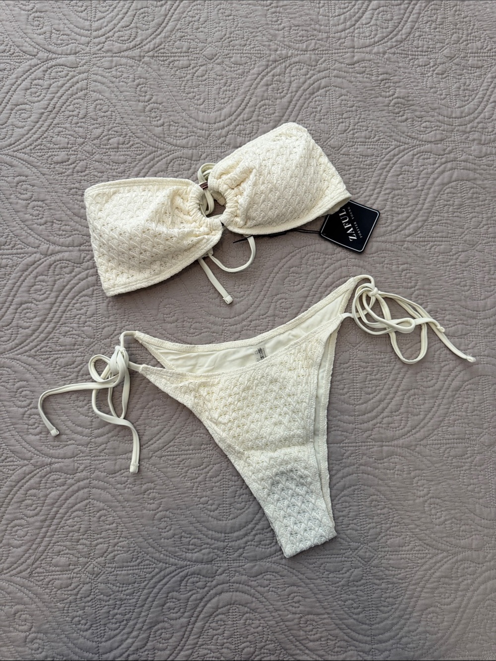 Zaful Ivory Textured Bandeau Tie-Side Bikini